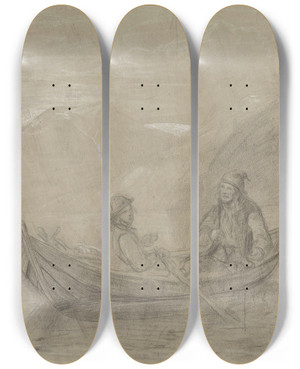 Triptych art skateboard deck of Adolph Tidemand To Fiskere I Bt by Adolph Tidemand (1814-1876)