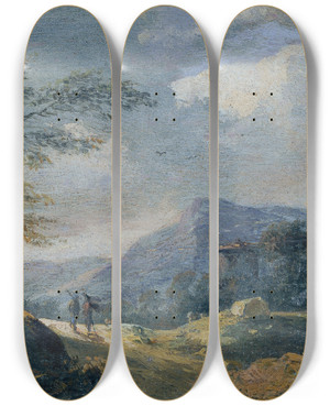 Triptych art skateboard deck of Johann Christian Brand Kleine Gebirgslandschaft by Johann Christian Brand (1722-1795)