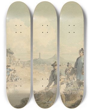 Triptych art skateboard deck of William Alexander View In China Figures With Pagoda And Mountain by William Alexander (1767-1816)