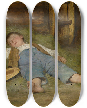 Triptych art skateboard deck of Albert Anker Boy Asleep In The Hay by Albert Anker (1831-1910)
