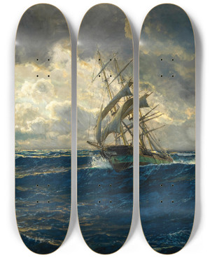 Triptych art skateboard deck of Michael Zeno Diemer A Threemaster At Sea by Michael Zeno Diemer (1867-1939)