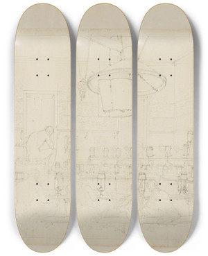 Triptych art skateboard deck of Augustus Charles Pugin Study For Drawing From Life At The Royal Academy Somerset House From Microcosm Of London by Augustus Charles Pugin (1762-1832)