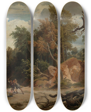 Triptych art skateboard deck of Johann Wilhelm Schirmer Der Mittag Der Berfall Auf Den Wanderer by Johann Wilhelm Schirmer (1807-1863)