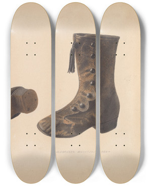 Triptych art skateboard deck of Alexander Anderson Childs Shoe by Alexander Anderson