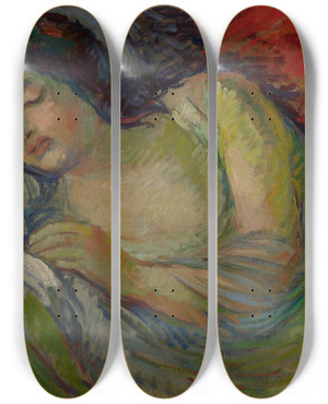 Triptych art skateboard deck of Nikolai Alexandrovich Tarkhov Jeune Femme Brune Endormie by Nikolai Alexandrovich Tarkhov (1871-1930)