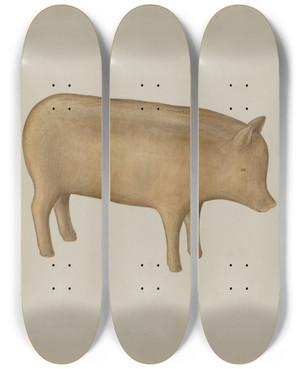 Triptych art skateboard deck of Wilbur M Rice Wooden Pig by Wilbur M Rice