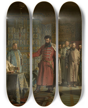 Triptych art skateboard deck of Nikolay Nevryov Zakhary Lyapunovs Quarrel With The Tsar Vasili Shuysky by Nikolay Nevryov (1830-1904)