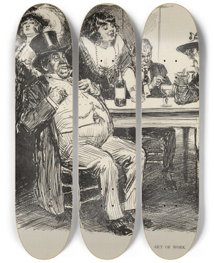 Triptych art skateboard deck of Charles Dana Gibson Out Of Work by Charles Dana Gibson (1867-1944)
