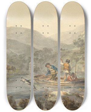 Triptych art skateboard deck of Julius Caesar Ibbetson Salmon Spearing by Julius Caesar Ibbetson (1759-1817)