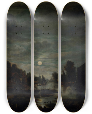 Triptych art skateboard deck of Aert Van Der Neer River Landscape In Moonlight_2 by Aert van der Neer (1603-1677)