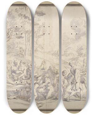 Triptych art skateboard deck of Raymond Lafage Vermhlung Des Bacchus Und Der Schlafenden Ariadne by Raymond Lafage (1656-1682)