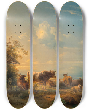 Triptych art skateboard deck of Edmund Mahlknecht Cows In A Meadow by Edmund Mahlknecht (1820-1903)