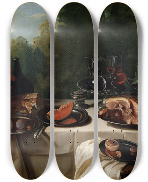 Triptych art skateboard deck of Alexandre Franois Desportes Breakfast Piece With Ham by Alexandre Francois Desportes (1661-1743)