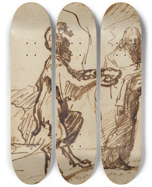 Triptych art skateboard deck of Rembrandt Van Rijn Satan Tempting Christ To Change Stones Into Bread by Rembrandt Van Rijn (1606-1669)