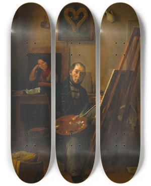 Triptych art skateboard deck of Michael Neder Selbstbildnis Michael Neder An Der Staffelei by Michael Neder (1807-1882)