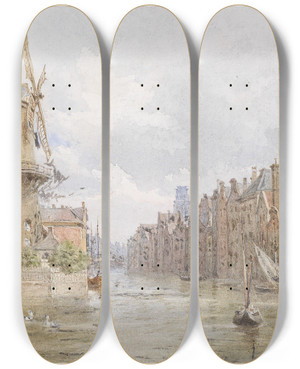 Triptych art skateboard deck of Franz Alt Kanal In Rotterdam by Franz Alt (1821-1914)