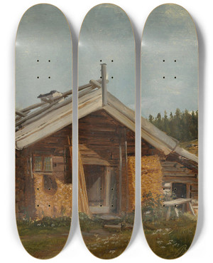 Triptych art skateboard deck of Adolph Tidemand Farmhouse At Bolkesj by Adolph Tidemand (1814-1876)