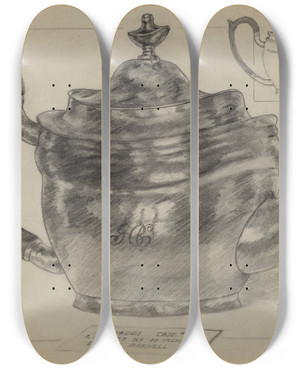 Triptych art skateboard deck of Eugene Barrell Silver Teapot by Eugene Barrell