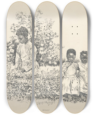 Triptych art skateboard deck of J Campbel Phillips Orphans by J Campbel Phillips (1873-1949)