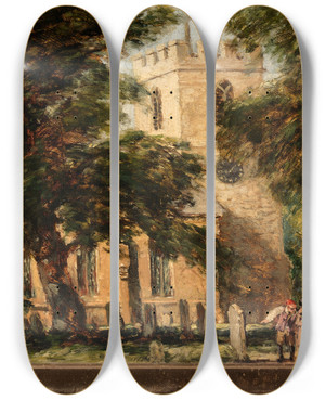 Triptych art skateboard deck of David Cox Harborne Church Near Birmingham by David Cox (1783-1859)