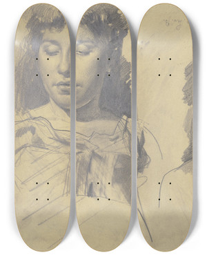 Triptych art skateboard deck of Karl Staufferbern Zwei Weibliche Studienkpfe by Karl Stauffer-Bern (1857-1891)
