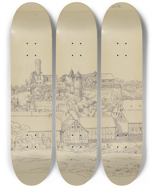 Triptych art skateboard deck of Carl Morgenstern View Of Eppstein With Castle by Carl Morgenstern (1811-1893)