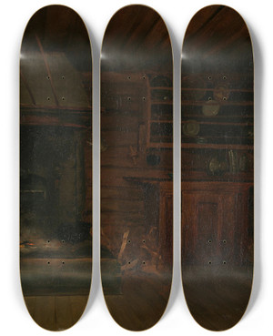 Triptych art skateboard deck of Gustav Wentzel Kitchen With Fireplace by Gustav Wentzel (1859-1927)