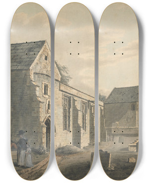 Triptych art skateboard deck of John Roe Of Warwick Church Churchyard And Figures The Graveyard by John Roe of Warwick