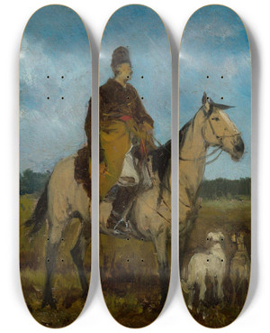 Triptych art skateboard deck of Jan Chemiski Rider On Horseback With Greyhounds by Jan Chelminski (1851-1925)