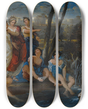 Triptych art skateboard deck of Nicolaspierre Loir The Finding Of Moses by Nicolas Pierre Loir (1624-1679)
