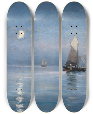 Triptych art skateboard deck of Carl Locher Fishing Cutters In The Moonlit Night by Carl Locher (1851-1915)