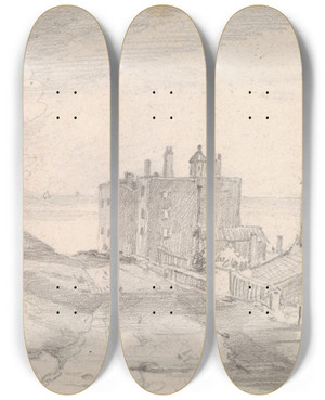 Triptych art skateboard deck of Thomas Hastings Sketch Of A Cliffside Road And Buildings Hastings by Thomas Hastings (1778-1854)