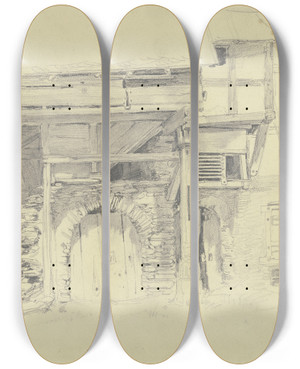 Triptych art skateboard deck of Jakob Frchtegott Dielmann Altes Haus Kellertor Unter Einer Treppe Die In Einen Holzbau Mit Einer Sule Fhrt by Jakob Furchtegott Dielmann (1809-1885)