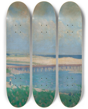 Triptych art skateboard deck of Leslie Prince Thompson Beach Scene by Leslie Prince Thompson (1880-1963)