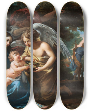 Triptych art skateboard deck of Charles Poerson Rest On The Flight Into Egypt_1 by Charles Poerson (1609-1667)