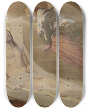 Triptych art skateboard deck of Eduard Von Steinle Christ In The Grave A Mourning Angel Hovering Over Him by Eduard Von Steinle (1810-1886)