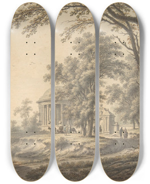 Triptych art skateboard deck of Johann Heinrich Mntz Idyllic Landscape With Temple by Johann Heinrich Muntz (1727-1798)