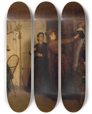 Triptych art skateboard deck of Eastman Johnson The New Bonnet by Eastman Johnson (1824-1906)
