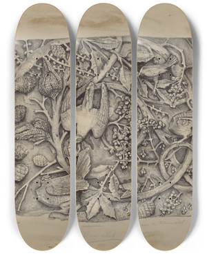 Triptych art skateboard deck of Helen Blumenstiel Carved Stone Pattern by Helen Blumenstiel