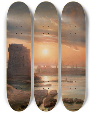 Triptych art skateboard deck of Thomas Fearnley The Harbour In Agrigento by Thomas Fearnley (1802-1842)