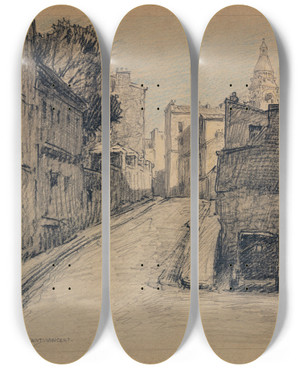 Triptych art skateboard deck of Ferdinand Boberg La Rue Saintvincent by Ferdinand Boberg (1860-1946)