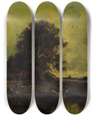 Triptych art skateboard deck of Jules Dupr River Landscape With Cottage by Jules Dupre (1811-1889)