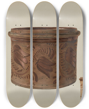 Triptych art skateboard deck of Betty Jacob Pa German Butter Crock by Betty Jacob