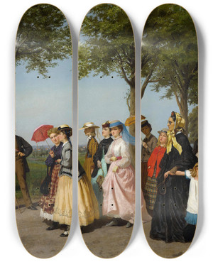 Triptych art skateboard deck of Fritz Paulsen A Promenade by Fritz Paulsen (1838-1898)