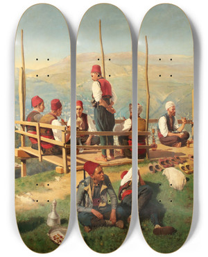 Triptych art skateboard deck of Franz Leo Ruben Trkisches Kaffeehaus In Sarajevo by Franz Leo Ruben (1842-1920)