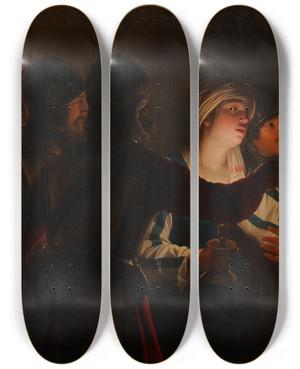 Triptych art skateboard deck of Gerard Van Honthorst The Denial Of St Peter by Gerard Van Honthorst (1592-1656)