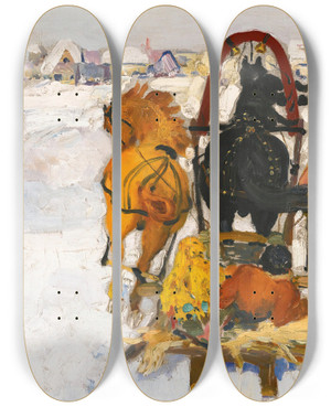 Triptych art skateboard deck of Filipp Malyavin Troika In The Snow by Filipp Malyavin (1869-1940)