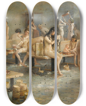 Triptych art skateboard deck of Vladimir Alexandrovich Plotnikov In The Bath House by Vladimir Alexandrovich Plotnikov (1866-1917)