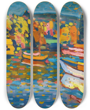 Triptych art skateboard deck of Wassily Kandinsky Study For Autumn Landscape With Boats by Wassily Kandinsky (1866-1944)