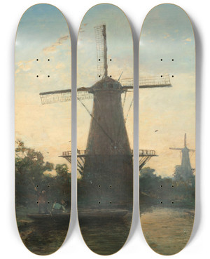 Triptych art skateboard deck of Johan Barthold Jongkind Windmills Near Rotterdam by Johan Barthold Jongkind (1819-1891)